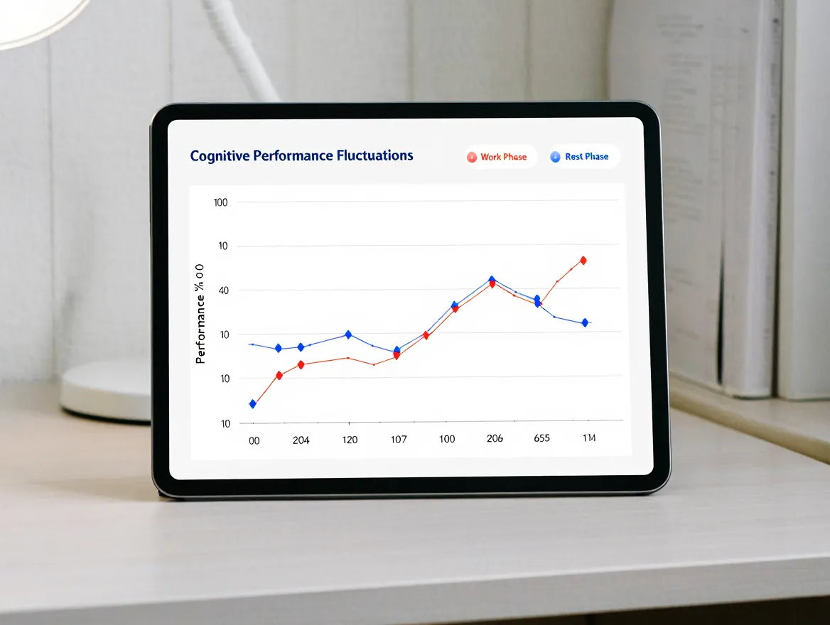 Line chart showing cognitive performance fluctuations across alternating work and rest phases